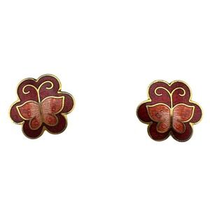 Gold‎ Tone Red Enamel Butterfly Flower Stud Earrings With Backs